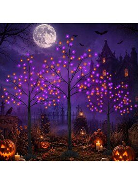 Spooky Black Halloween Tree Set with Purple & Orange Lights, 4FT-6FT, 300 LED